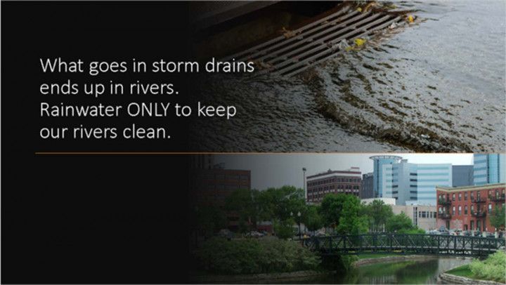 Storm drain message over river and city skyline: “What goes in storm drains ends up in rivers. Rainwater ONLY to keep our rivers clean.”