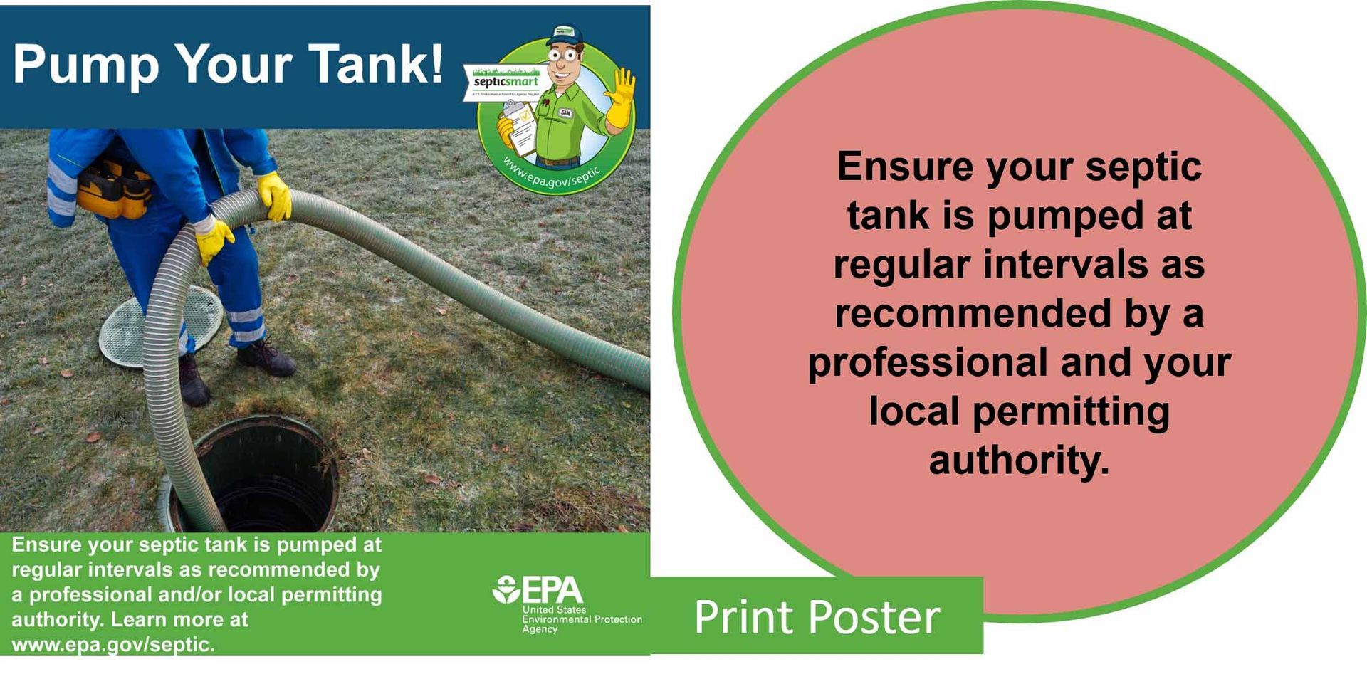 Worker pumping septic tank with hose; Pump your tank poster. Image Transcribed below.
