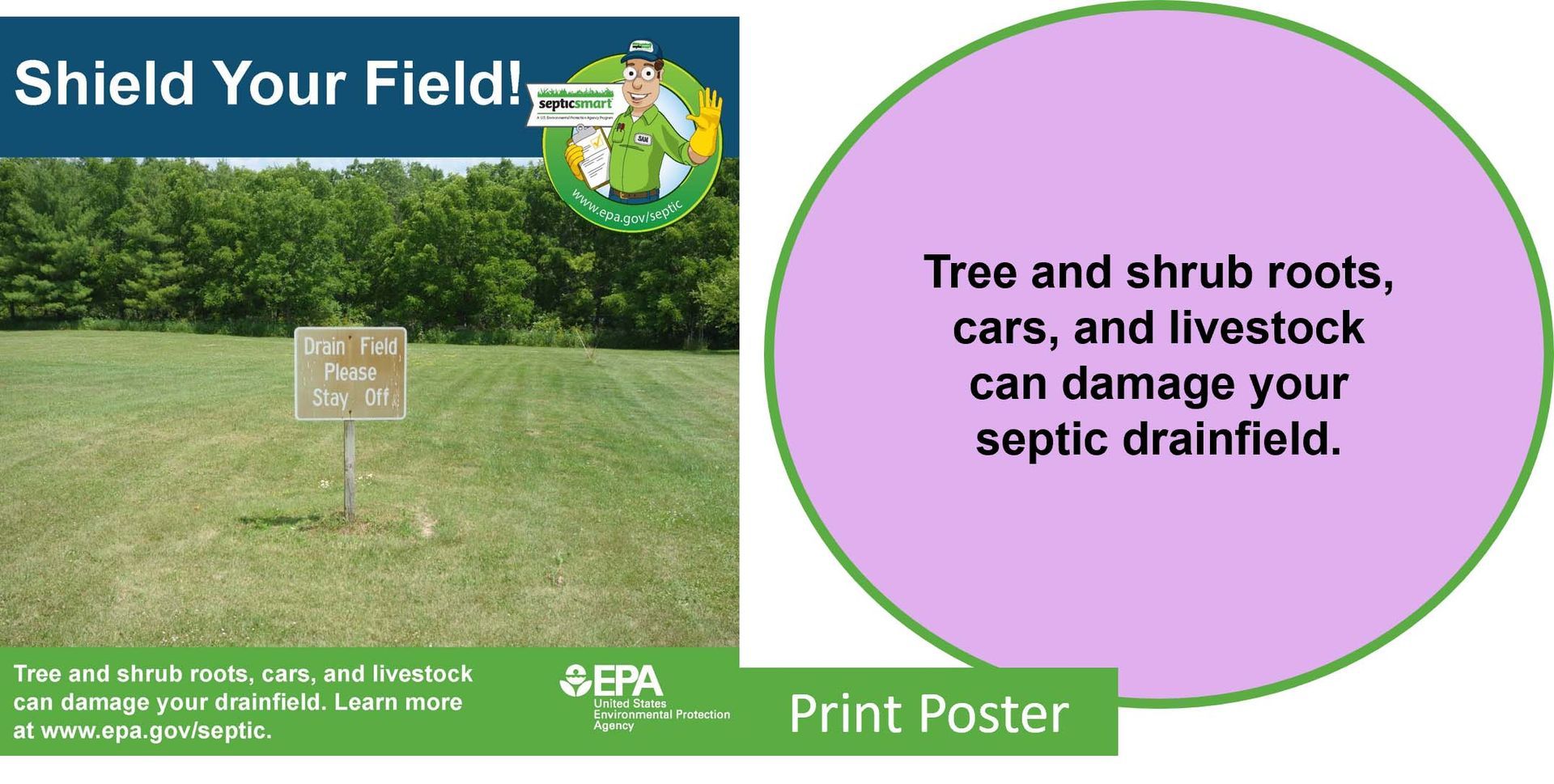 Green poster with yard and septic sign: “Shield Your Field!” and tips to protect septic drainfield. Image transcribed below.