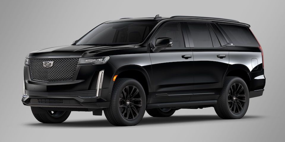A black cadillac escalade is shown on a gray background.