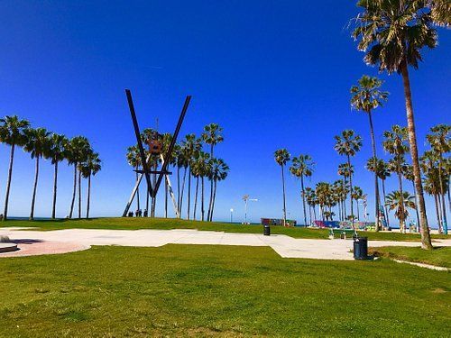 A park with palm trees and a statue in the background