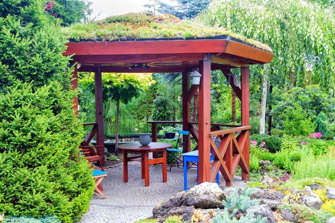 Backyard pergola installation with a living roof by Affordable Landscapes Sacramento.