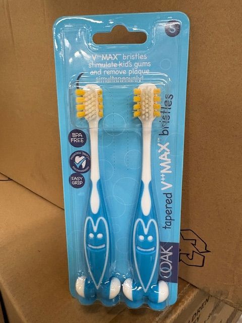 Ooak Kids Toothbrush, Tapered V++Max Bristles, Happy Face 2 Pack - Blue
