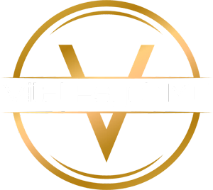 A gold circle with two letters v inside of it on a white background.