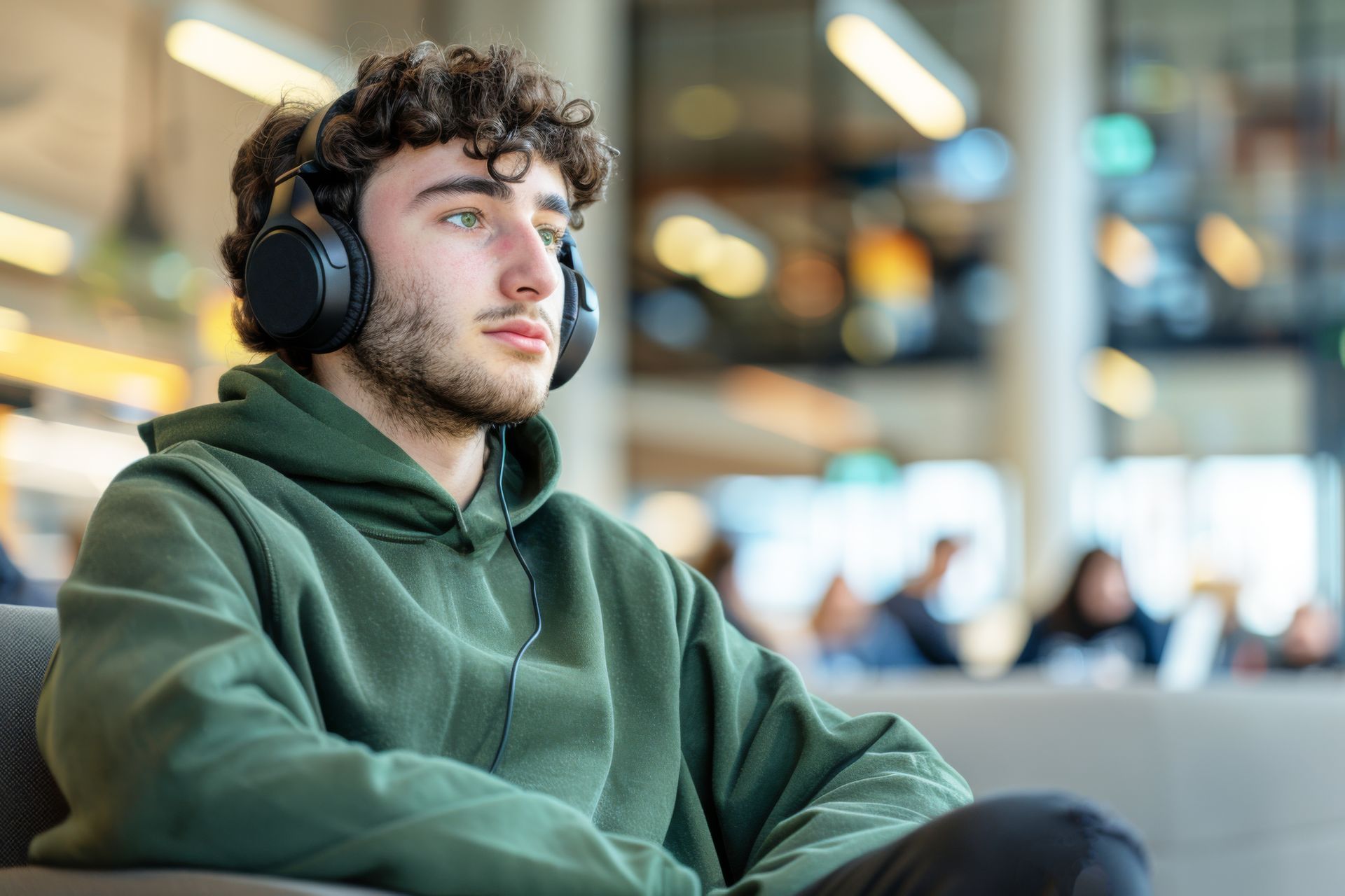 a tired man wearing headphones