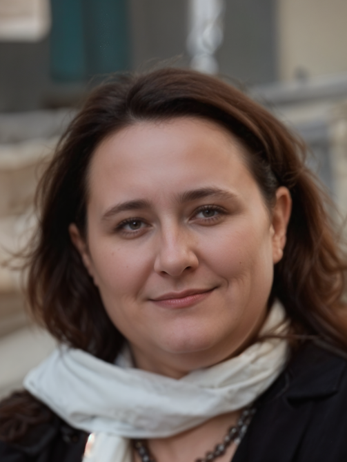 A woman wearing a scarf and a necklace smiles for the camera