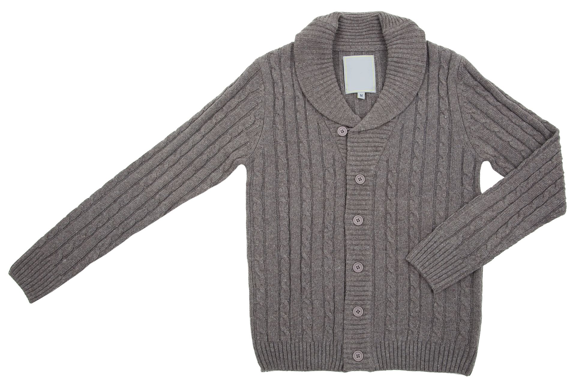 Cardigan grigio lavorato a maglia con collo a scialle e chiusura con bottoni.