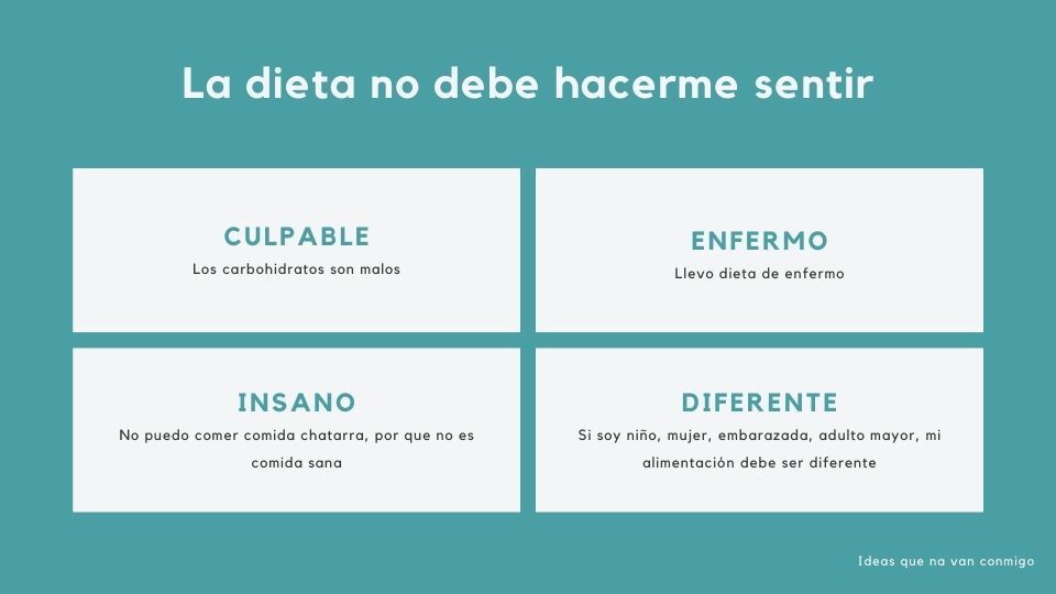 la dieta no debe hacer sentir culpable, enfermo, insano, diferente