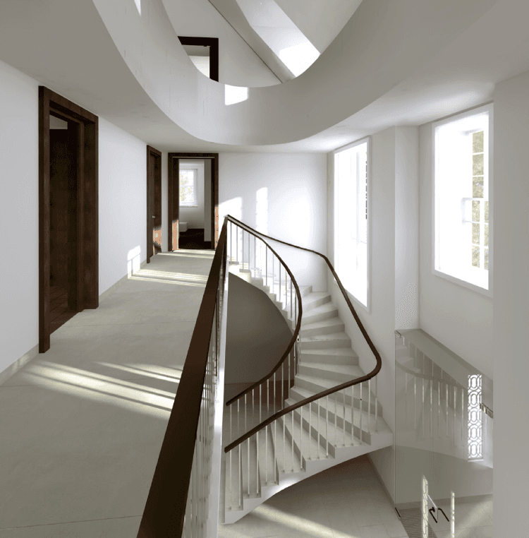 A hallway with a spiral staircase in the middle
