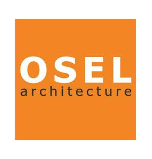 An orange and white logo for osel architecture