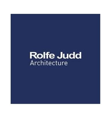 The logo for rolfe judd architecture is on a blue background.