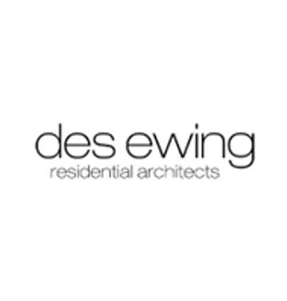 The logo for des ewing residential architects is black and white.