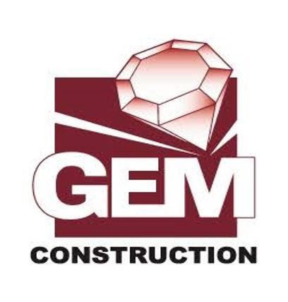 A logo for gem construction with a diamond in the middle.