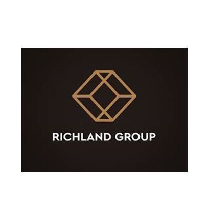 The logo for richland group is a diamond on a black background.