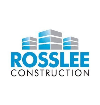 The logo for rosslee construction is blue and gray.