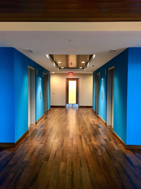 A hallway with blue walls and wooden floors