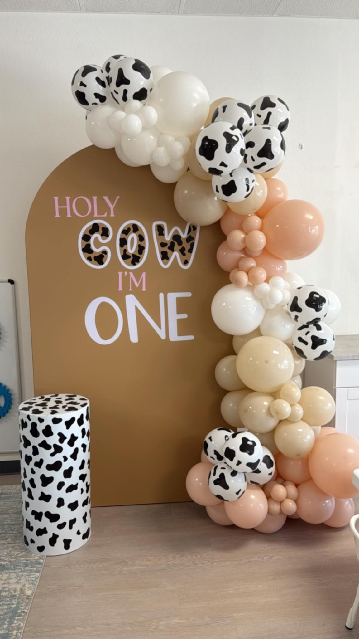 A sign that says `` holy cow i 'm one '' is surrounded by balloons.