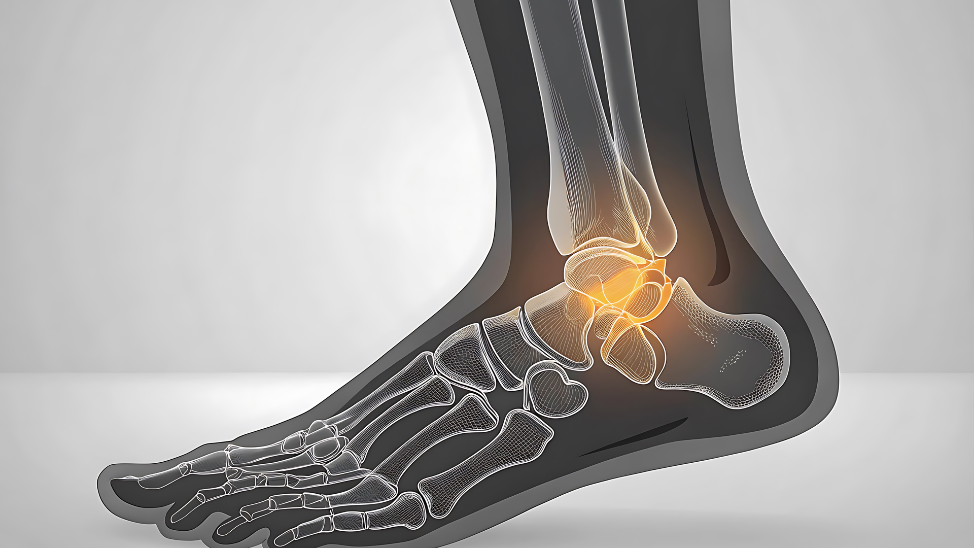 Anatomical illustration of an ankle, highlighted in yellow, within a grey leg outline.