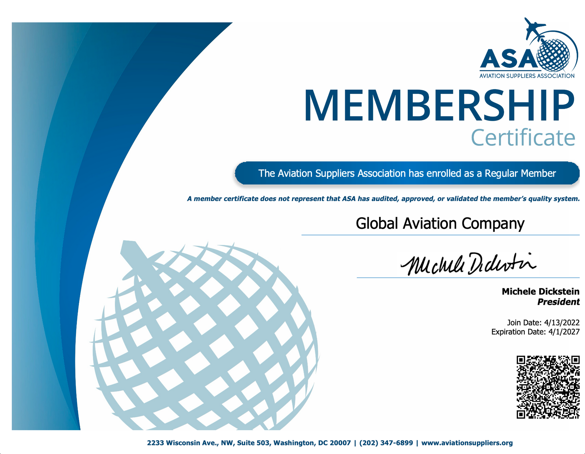 ASA Membership Certificate for Global Aviation Company, blue and white with a globe and signature.