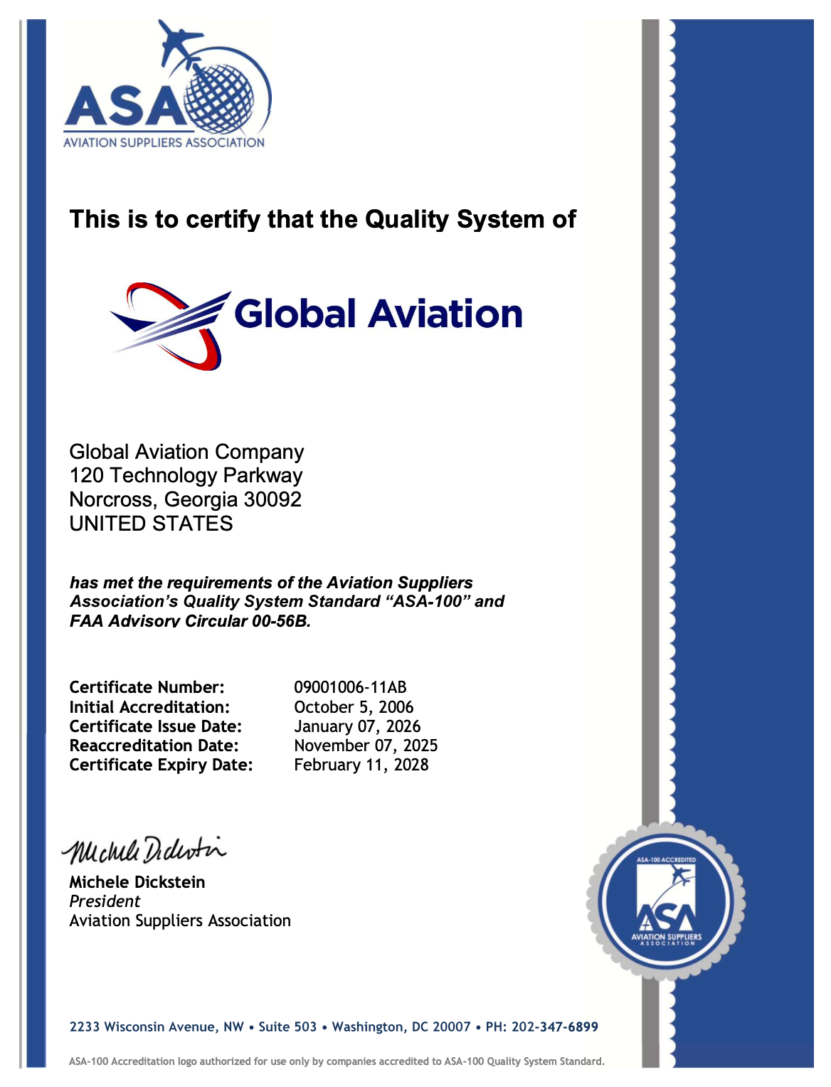 ASA certificate for Global Aviation, blue border, logo, and company details.