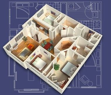 A 3d floor plan of a house on a blue background.