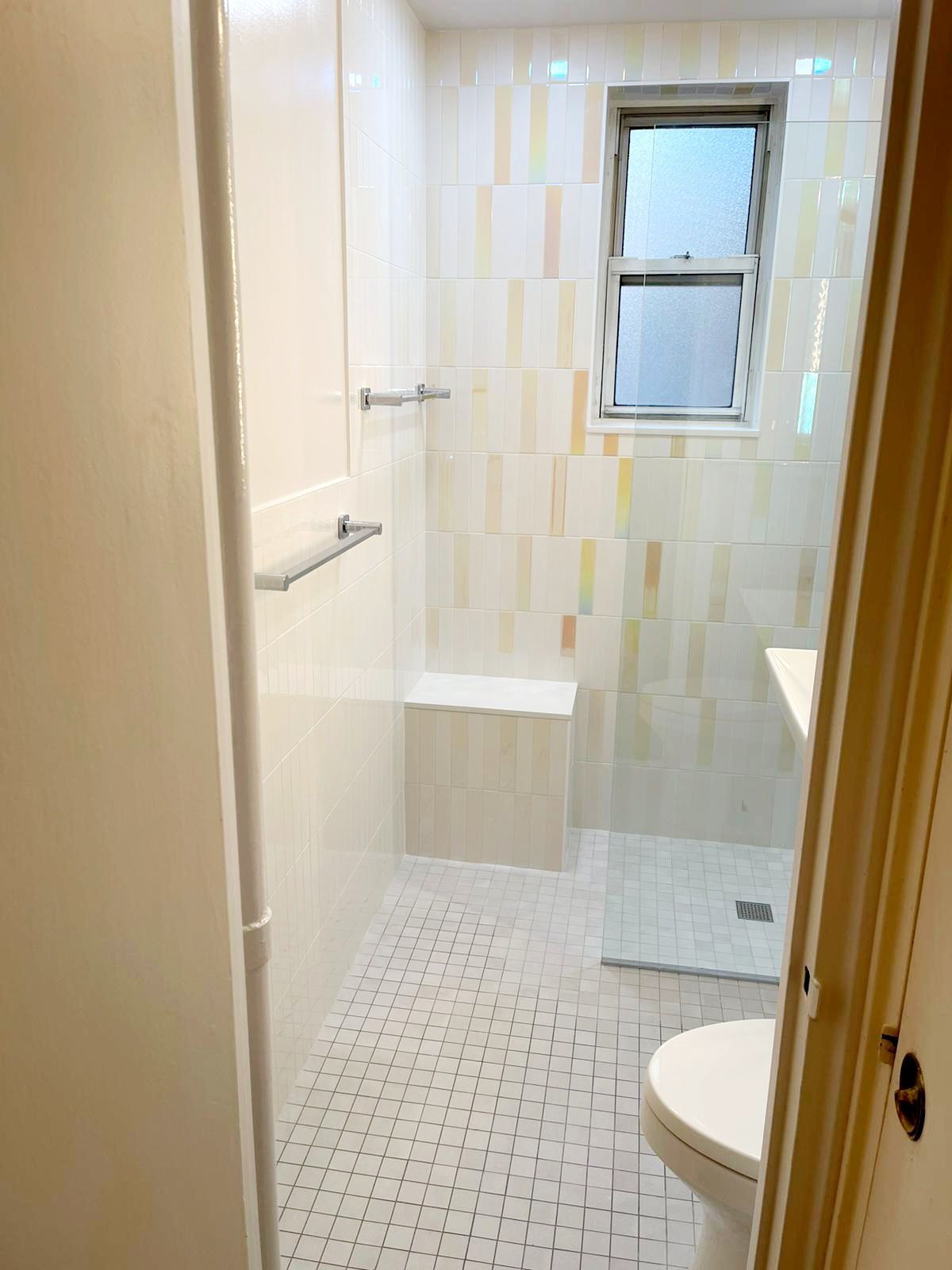 A bathroom with a toilet, shower and window