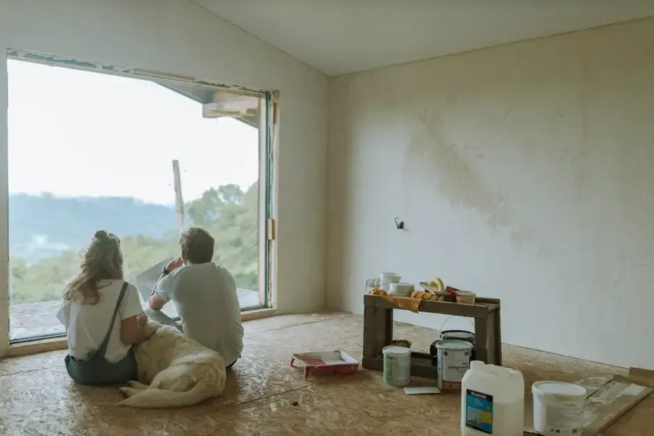 A man and a woman are sitting on the floor with a dog in an empty room.