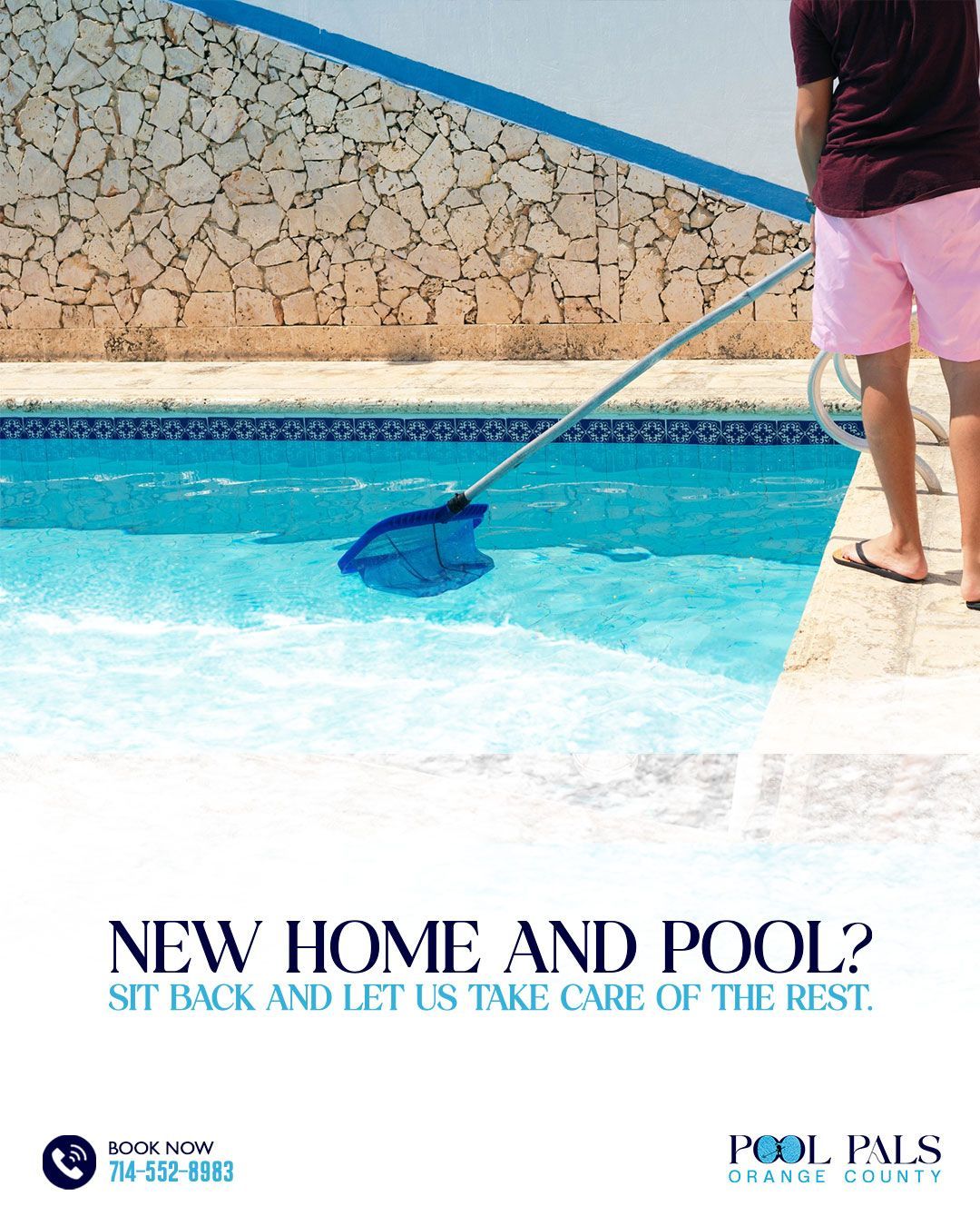 Pool cleaner skimming a backyard pool beside a stone wall and text reading “New home and pool?”