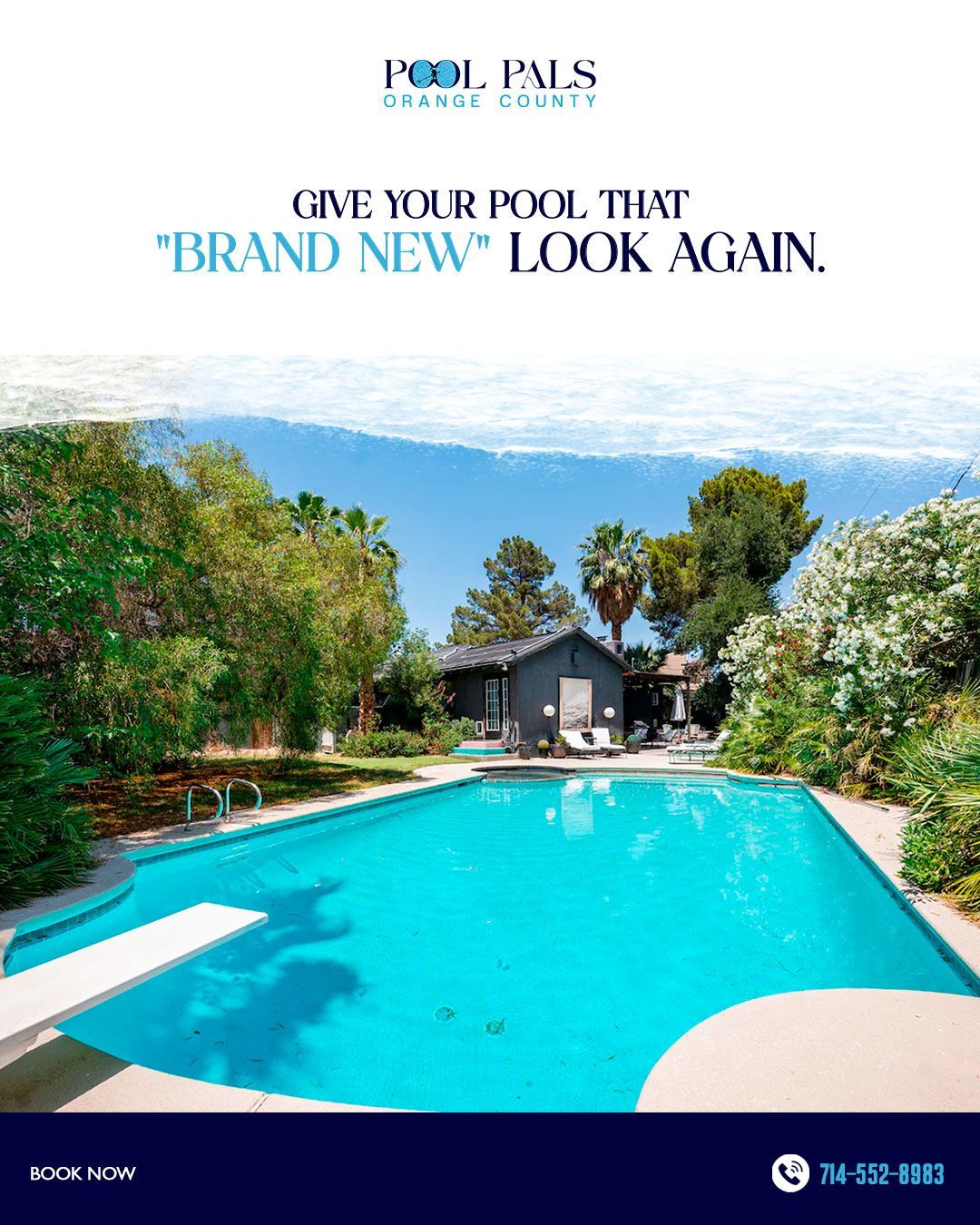 Luxury backyard pool with bright blue water, greenery, and a home in the background; promotional text above.