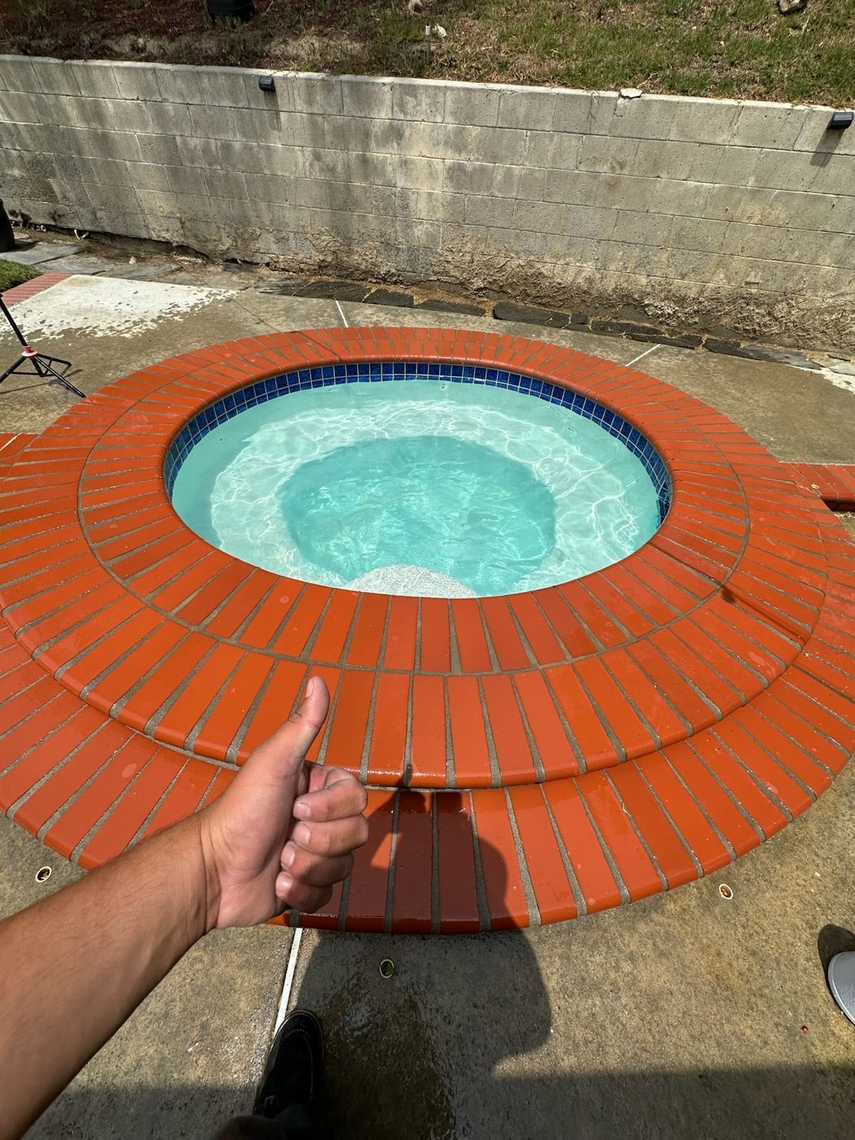 Before-and-after backyard pool cleaning: murky green water turned clear blue under sunny skies.