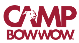 A red logo for camp bow wow with a dog on it