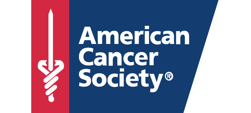 The american cancer society logo is blue and red with a medical symbol.