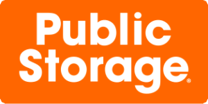 An orange sign that says public storage in white letters