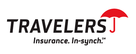 The logo for travelers insurance is a red umbrella on a white background.