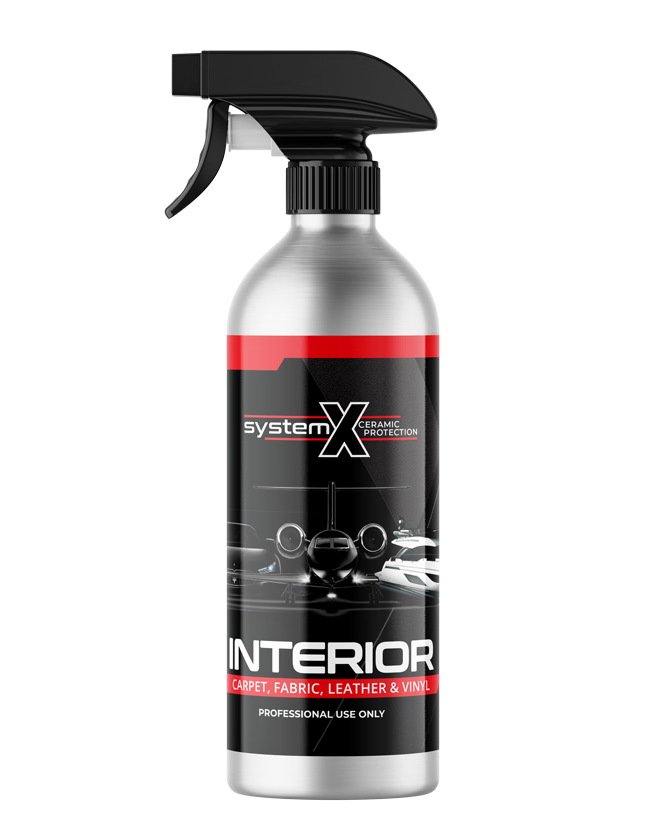 Silver spray bottle of System X Interior cleaner for car carpet, leather, and vinyl.