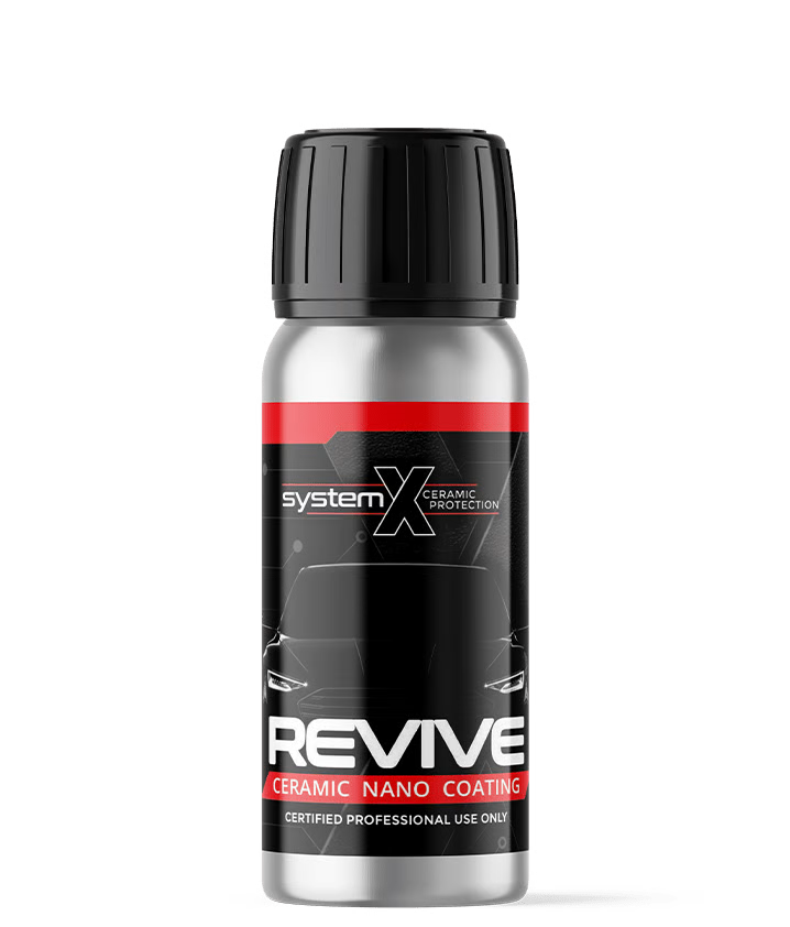 Metallic bottle of System X Revive ceramic nano coating, black and red label.
