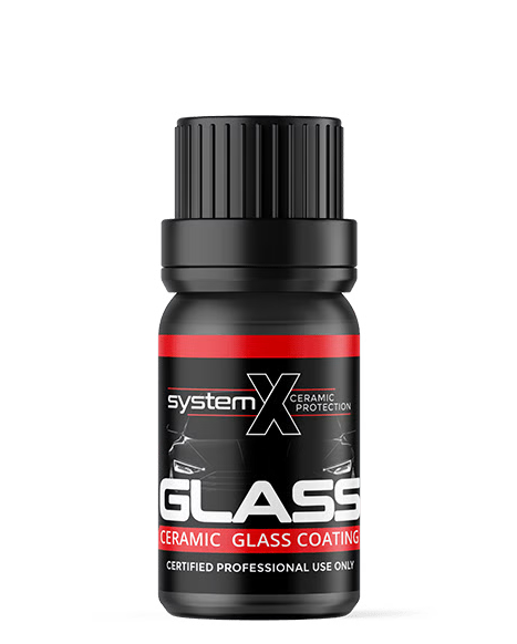 Black bottle of System X Glass ceramic coating for car glass, with red and white text.