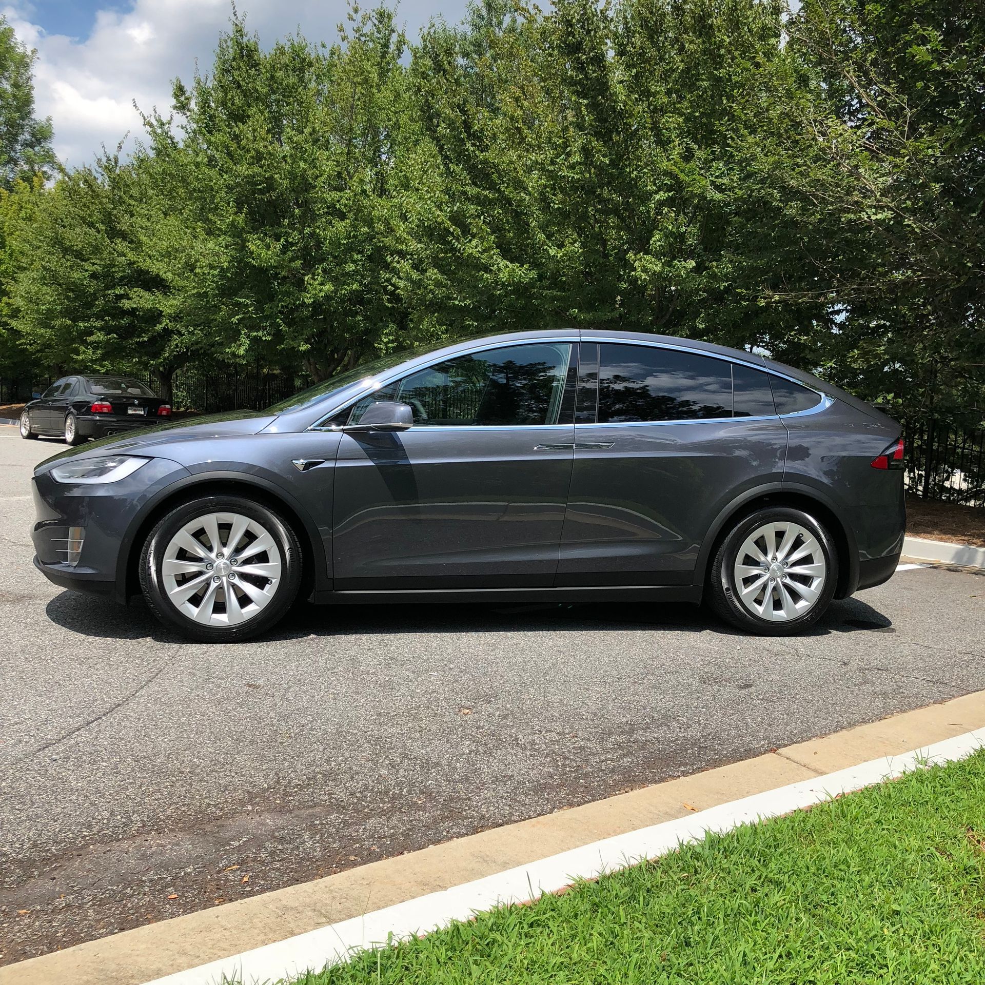 Gray Tesla Model X SUV parked on asphalt next to a grassy area, trees in the background.