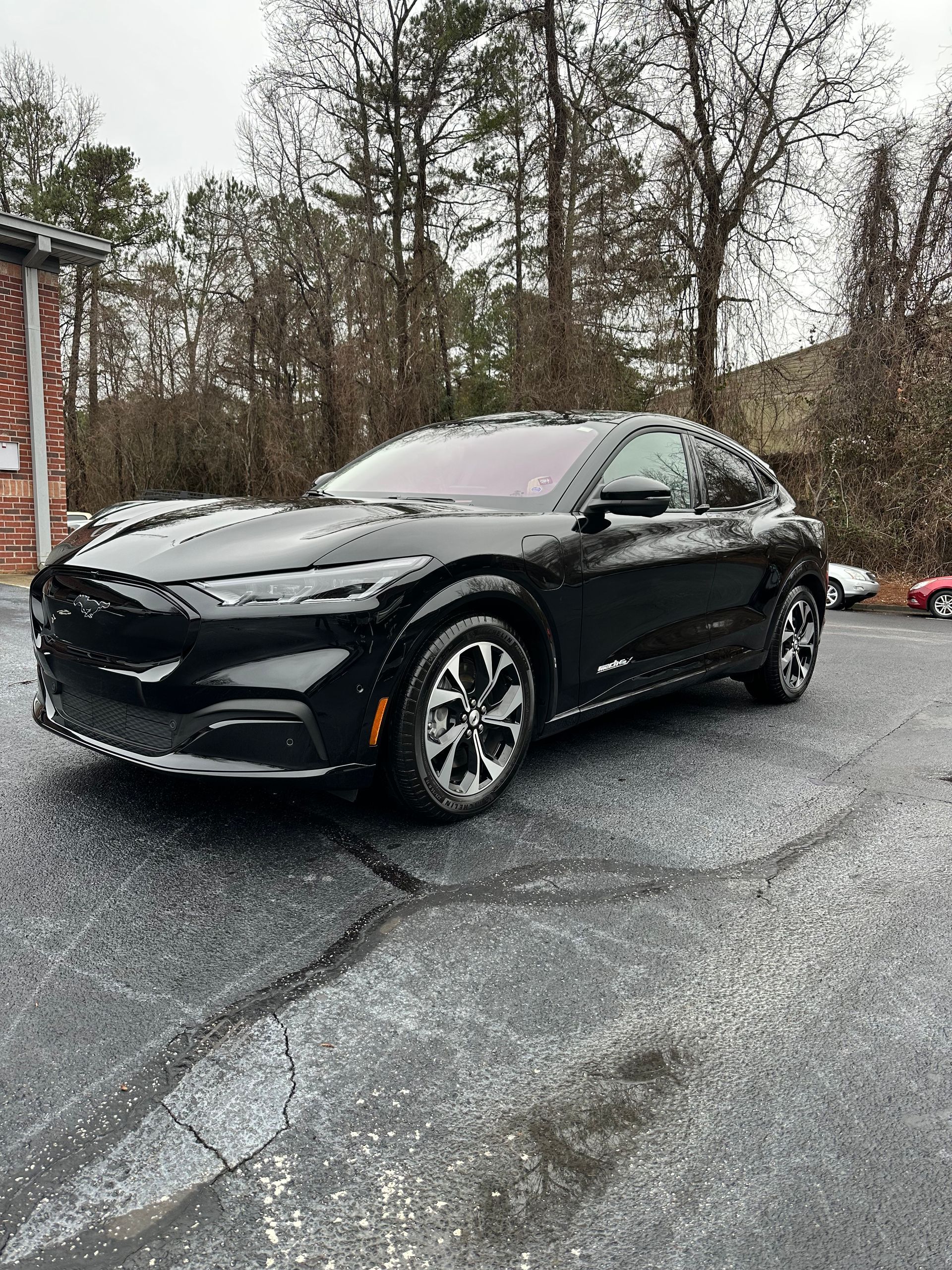 Black Ford Mustang Mach-E electric SUV parked on wet asphalt in front of a brick building and trees.
