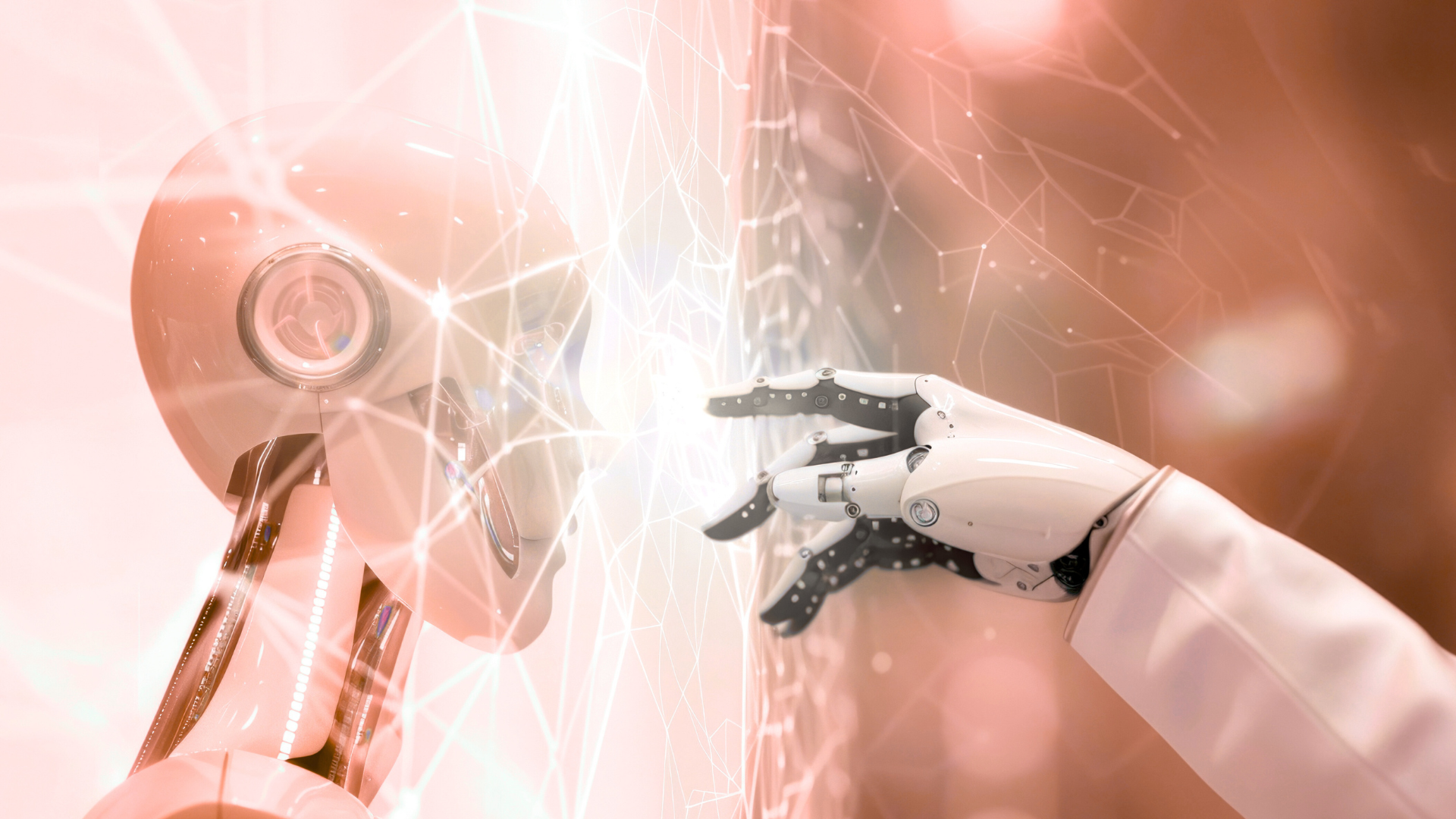 Tête et main de robot tendues pour toucher un réseau de lumière et de connexion.
