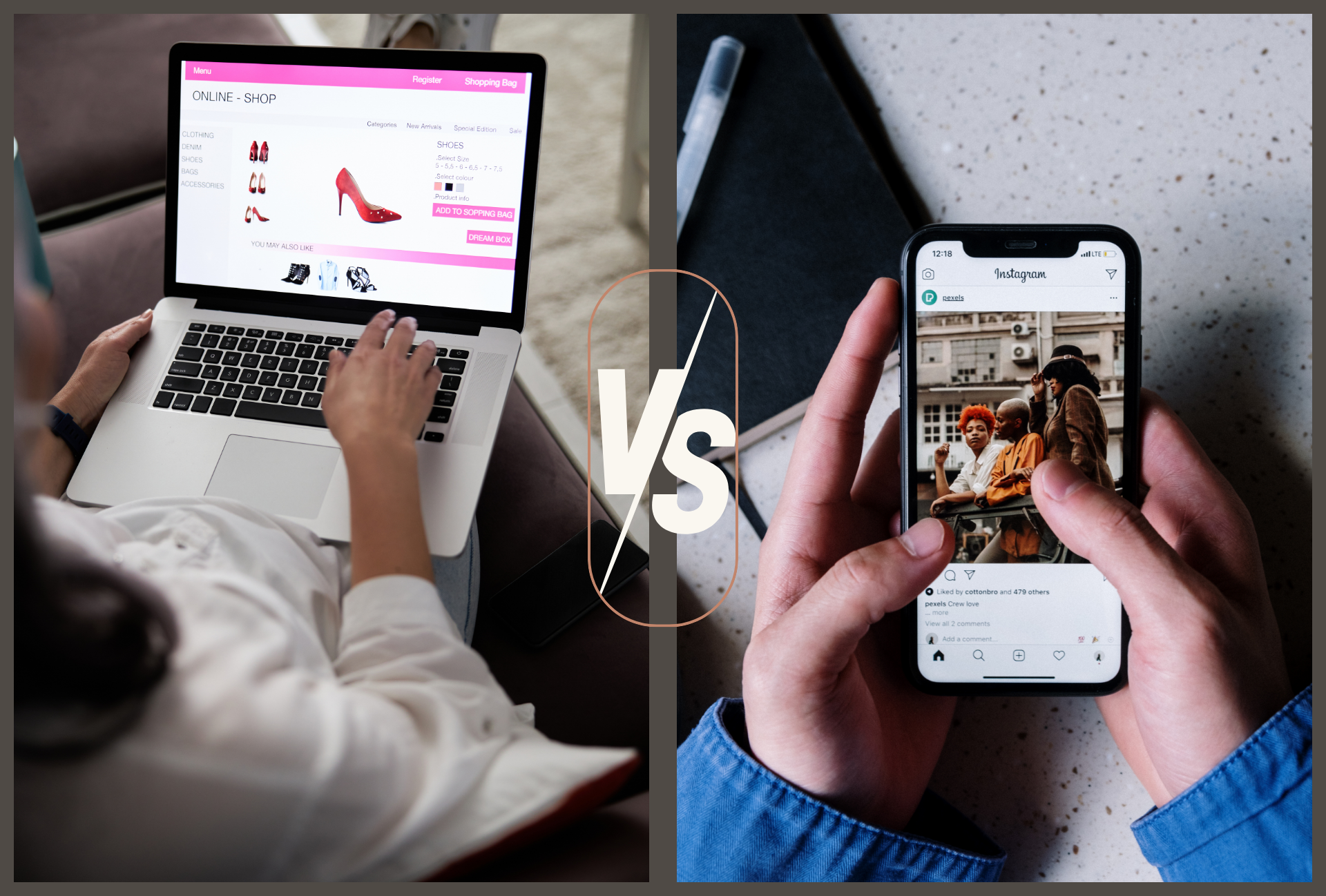Une personne faisant des achats en ligne sur un ordinateur portable par rapport à une personne naviguant sur Instagram sur un téléphone.