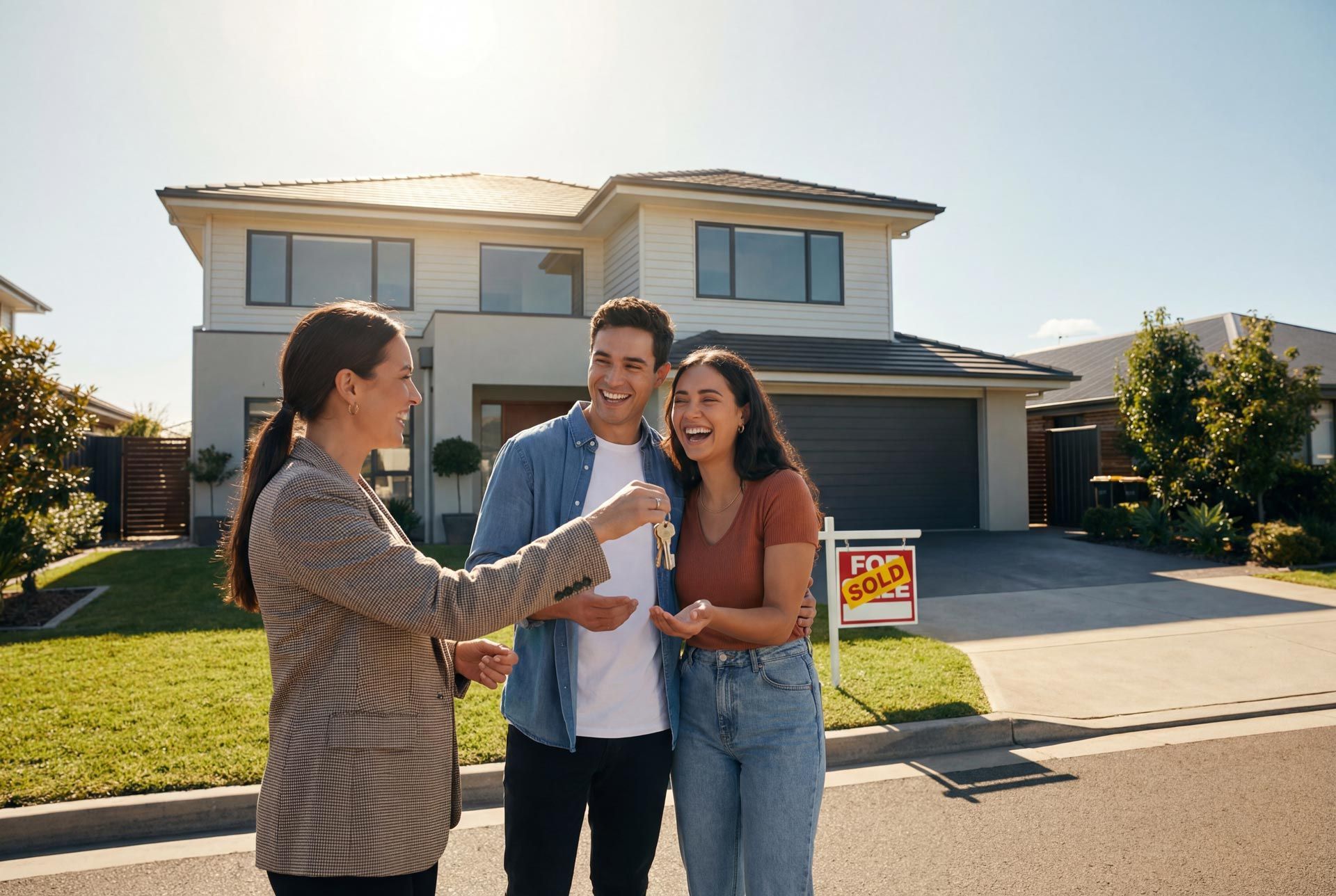 Happy couple receiving house keys in front of a sold home.
