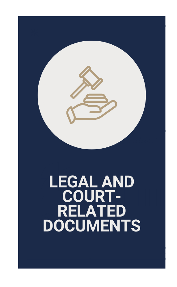 Legal and court-related documents button: gavel icon over hand, white circle on navy background.