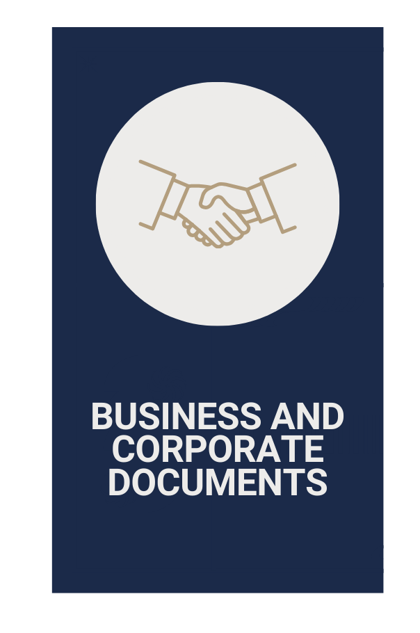 Business and Corporate Documents: Icon of two hands shaking, inside a circle, set against a dark blue background.