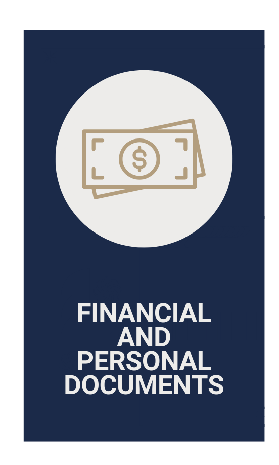Icon of cash notes in a circle above the text “FINANCIAL AND PERSONAL DOCUMENTS” in white on a navy blue background.
