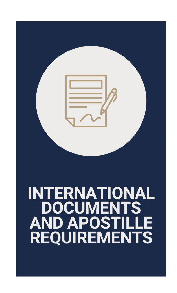 Blue rectangle with white text:  Above, a beige circle with a document and pen icon.