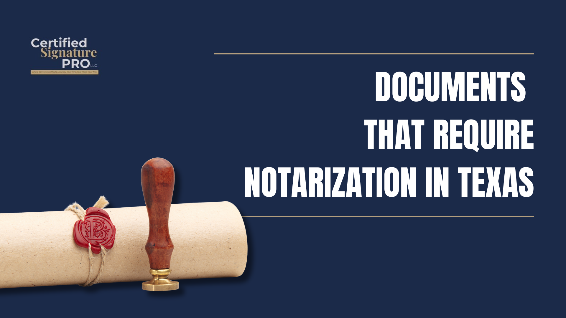 Dark blue graphic: Scroll, notary stamp, text 