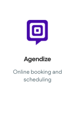A purple square with a speech bubble that says agendize online booking and scheduling