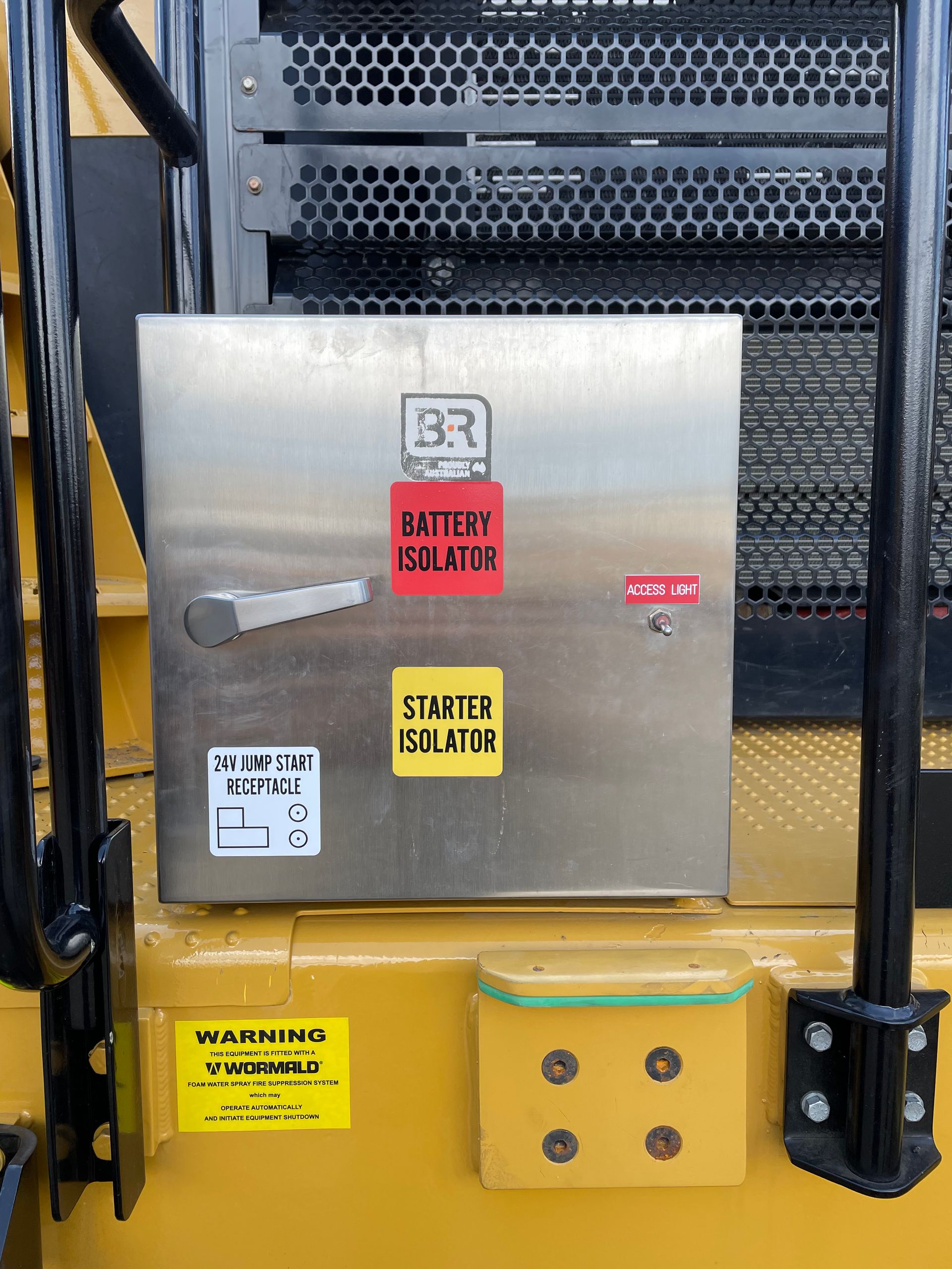 Metal box with labels: