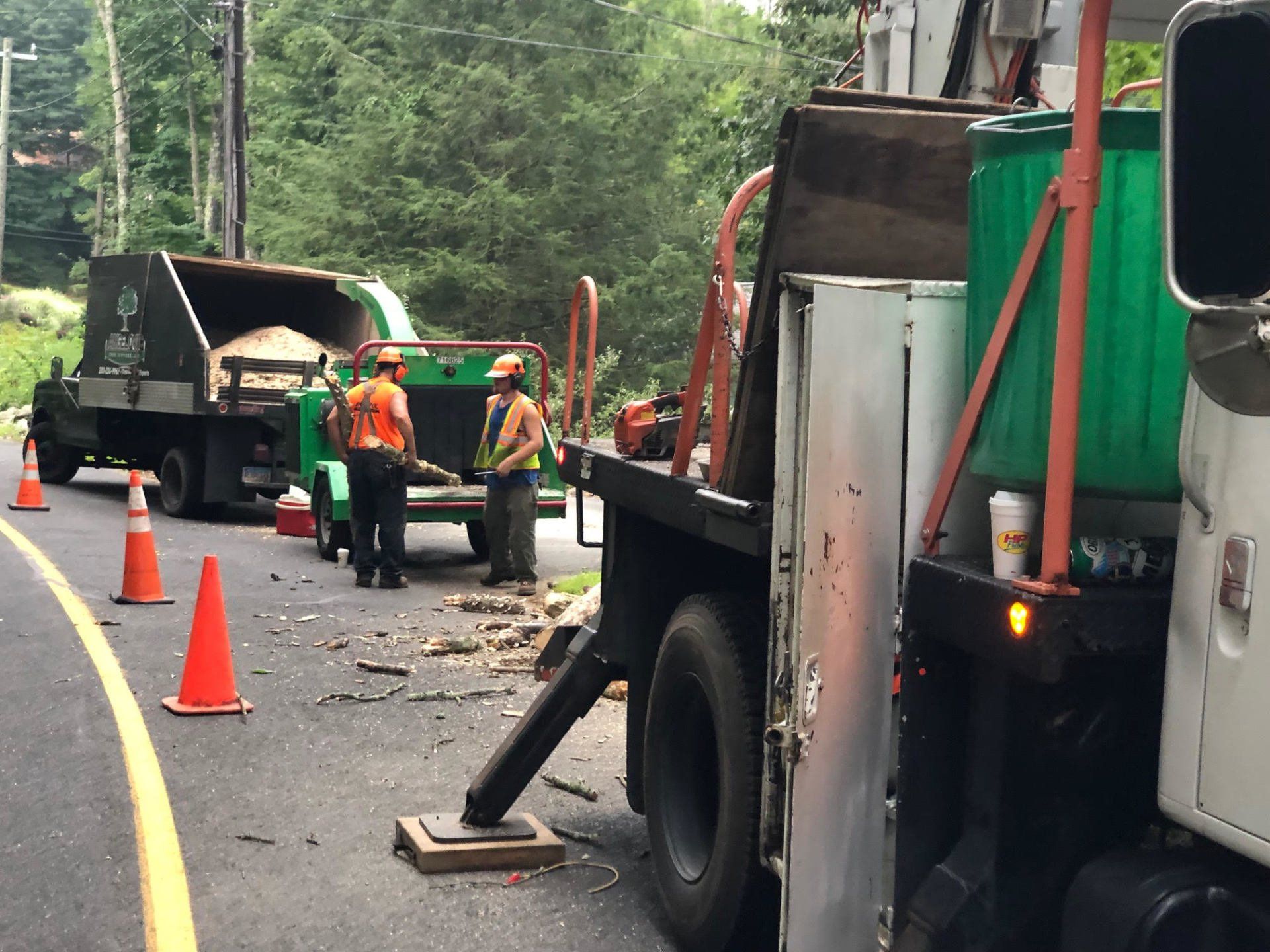 Tree removal crew working on a road. Trucks, chipper, cones, and workers in vests visible.